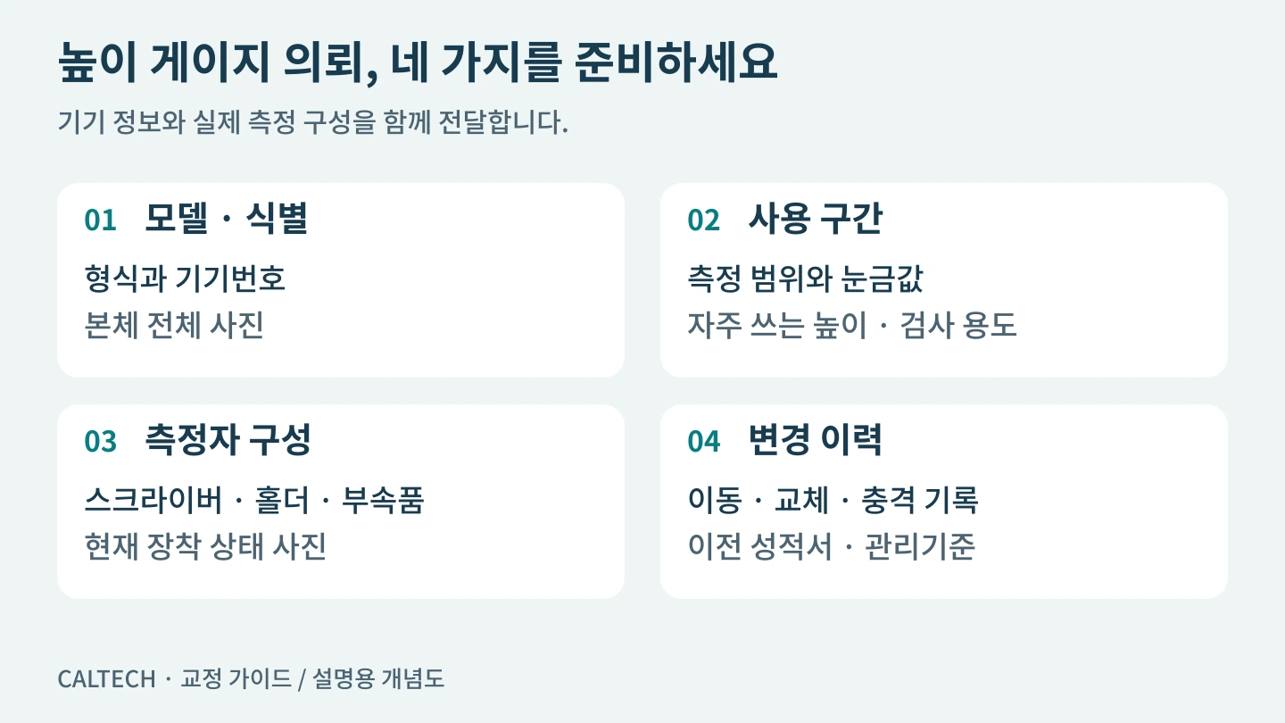 모델과 식별, 실제 사용 구간, 측정자 구성, 변경 이력을 준비하는 높이 게이지 의뢰 체크리스트