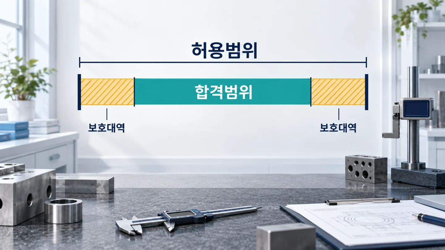 허용범위 안쪽에 더 좁은 합격범위를 두고 양 끝에 보호대역을 남긴 개념도