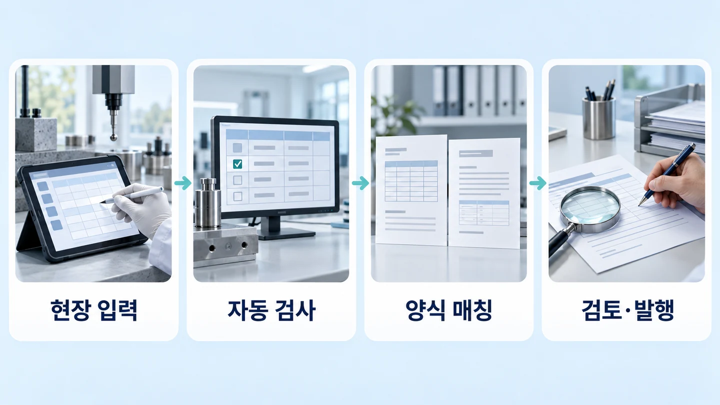 현장 입력, 자동 검사, 양식 매칭, 담당자의 검토와 발행을 잇는 네 단계