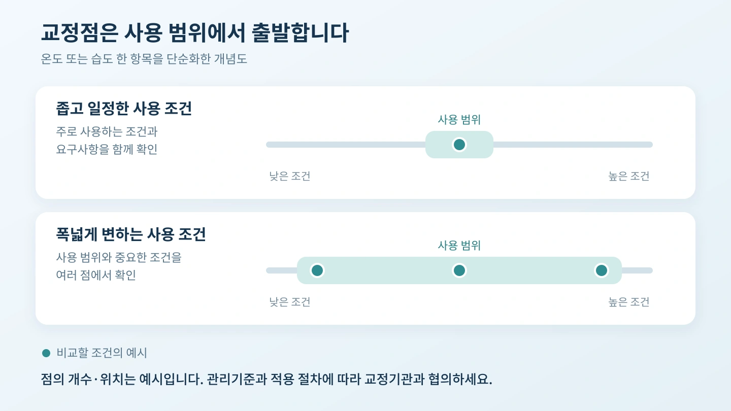좁은 사용 범위와 넓은 사용 범위에서 비교 조건을 검토하는 개념도