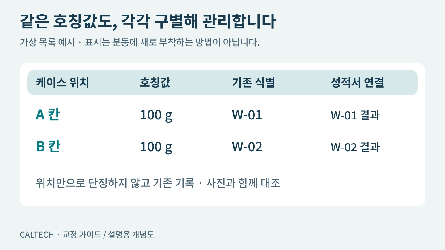같은 호칭값의 분동 두 개를 서로 다른 케이스 위치와 기존 식별정보로 구별하는 가상 목록 예시