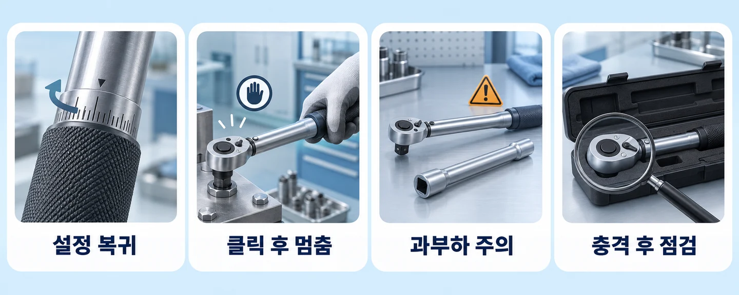 설정 복귀, 클릭 후 멈춤, 과부하 주의, 충격 후 점검의 토크렌치 관리 항목