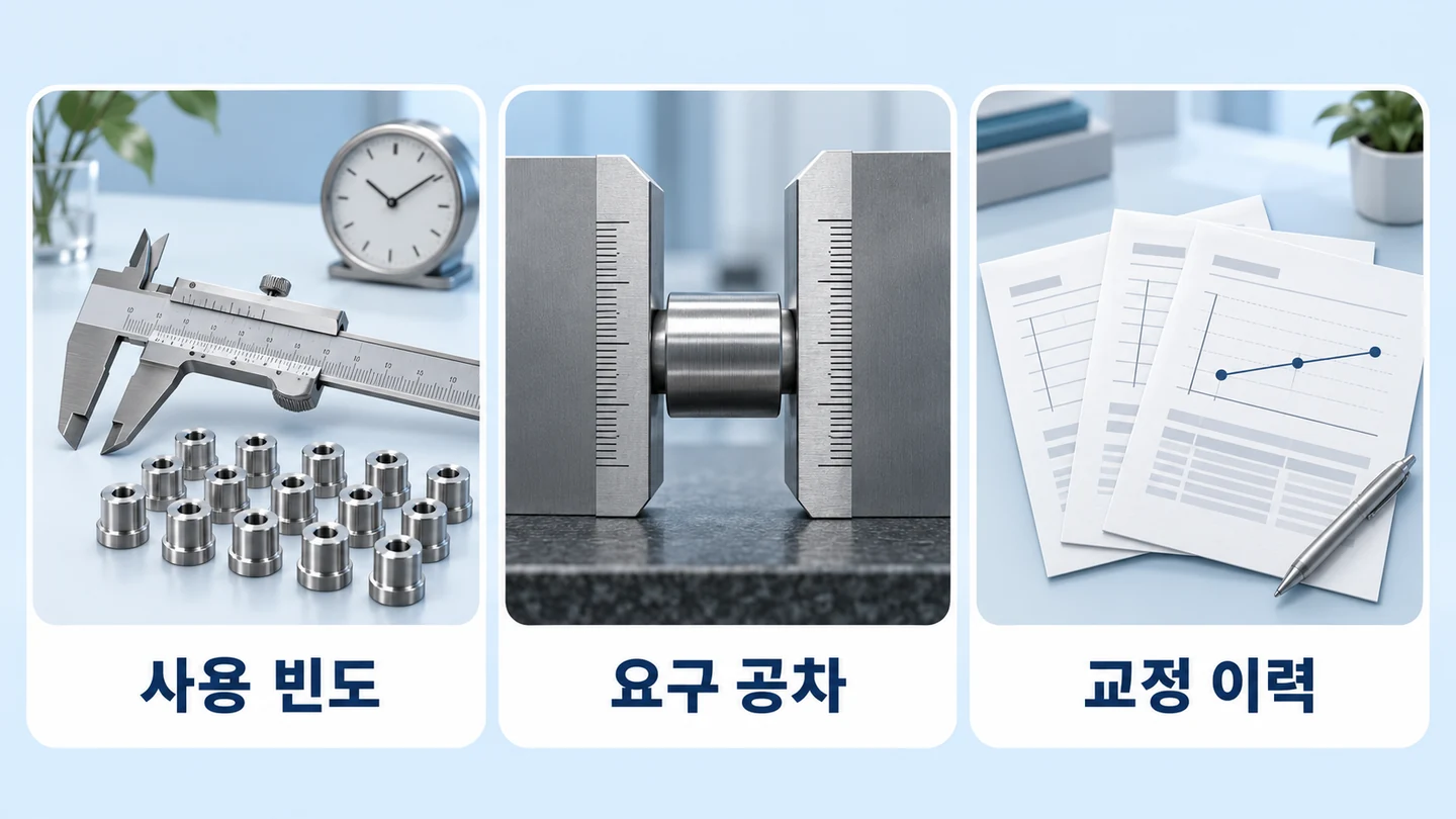 사용 빈도, 요구 공차, 교정 이력을 교정 주기 검토 기준으로 보여 주는 세 가지 장면