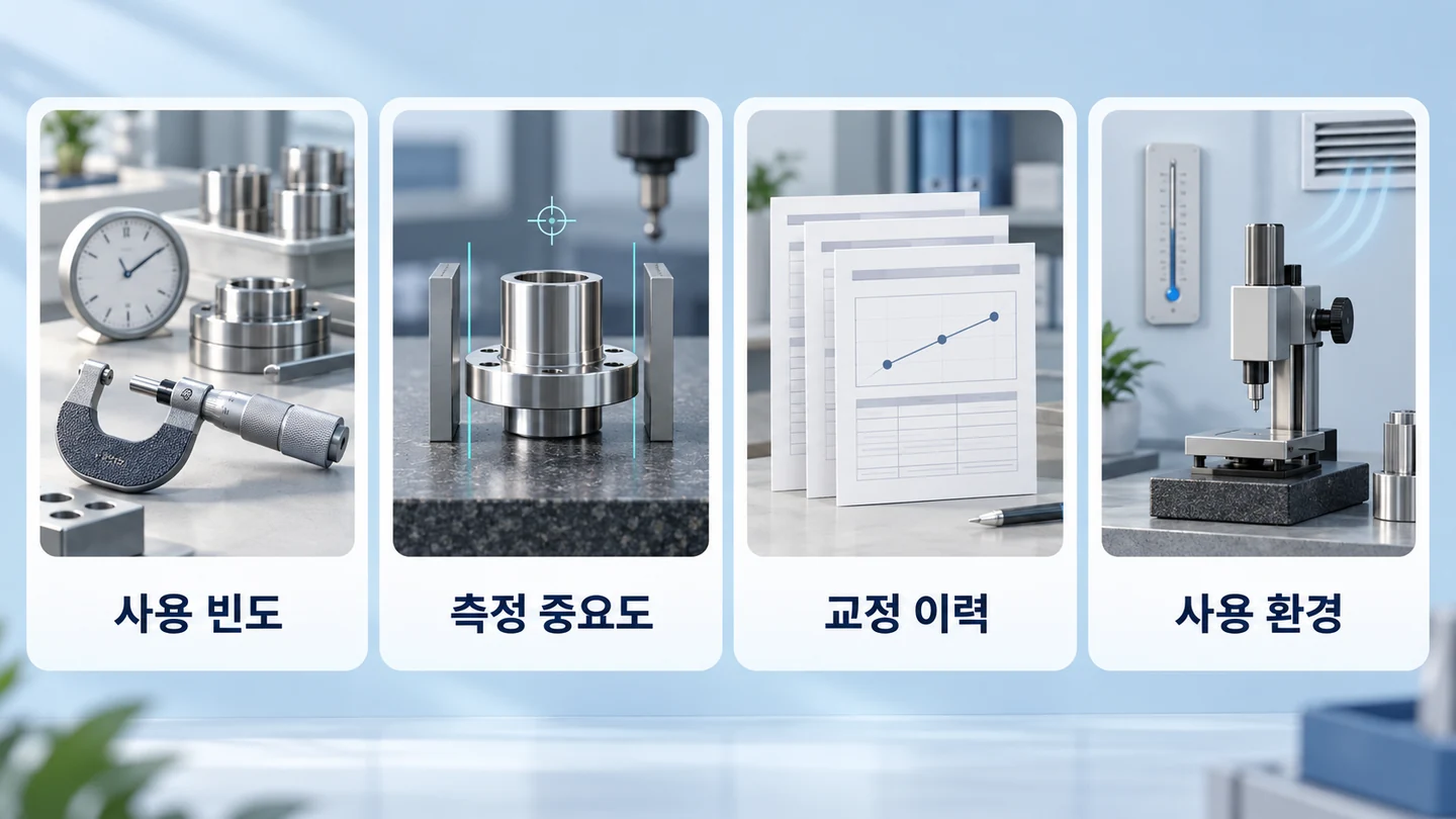 사용 빈도, 측정 중요도, 교정 이력, 사용 환경을 함께 검토하는 네 가지 기준